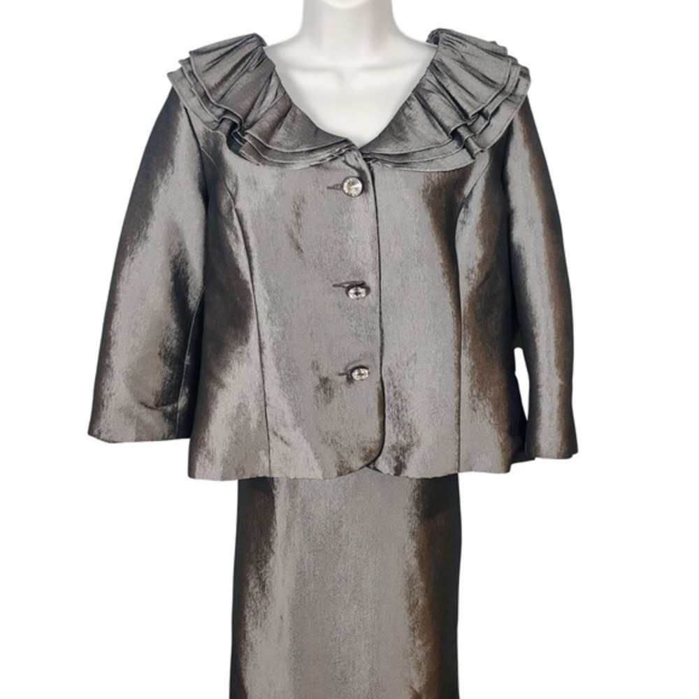 Nicolette‎ Womens 18 Grey Metallic Ruffle Portrait Collar Skirt Suit 2pc Set MOB